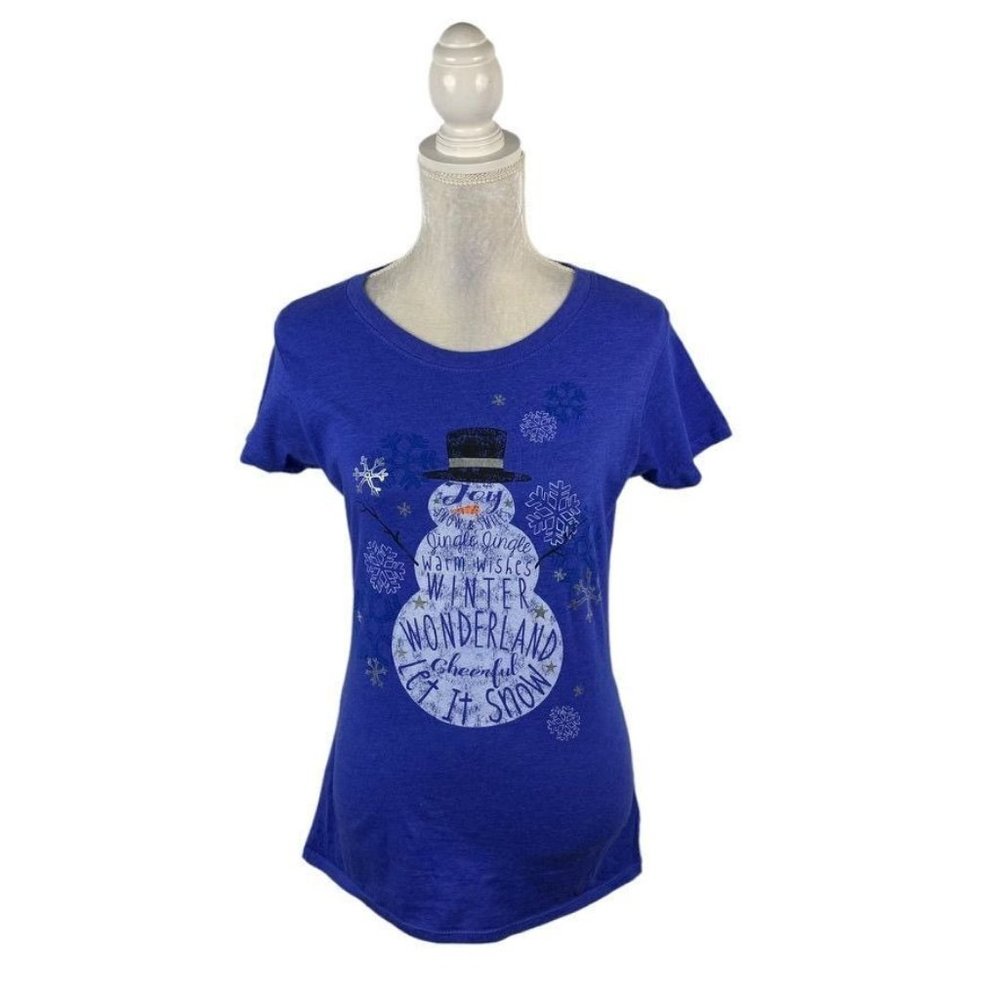 Holiday Time Blue Snowman T-shirt Winter Wonderland Christmas Snowflake M (8-10)